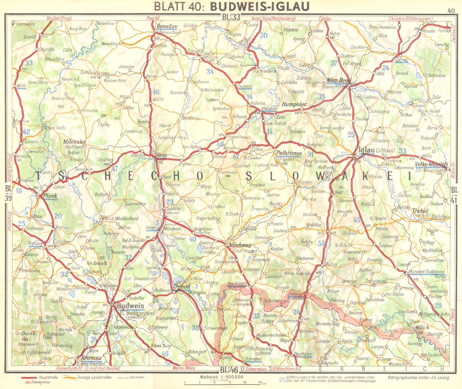 CZECH. Ceske Budejovice-Iglau 1936 old vintage map plan chart
